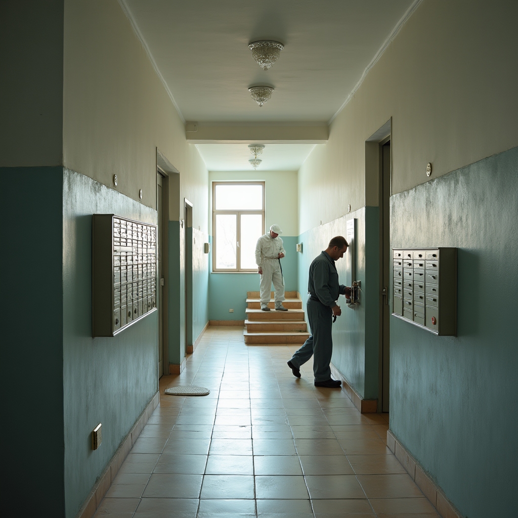 Casa scărilor unui bloc rezidențial unde se efectuează dezinsecție