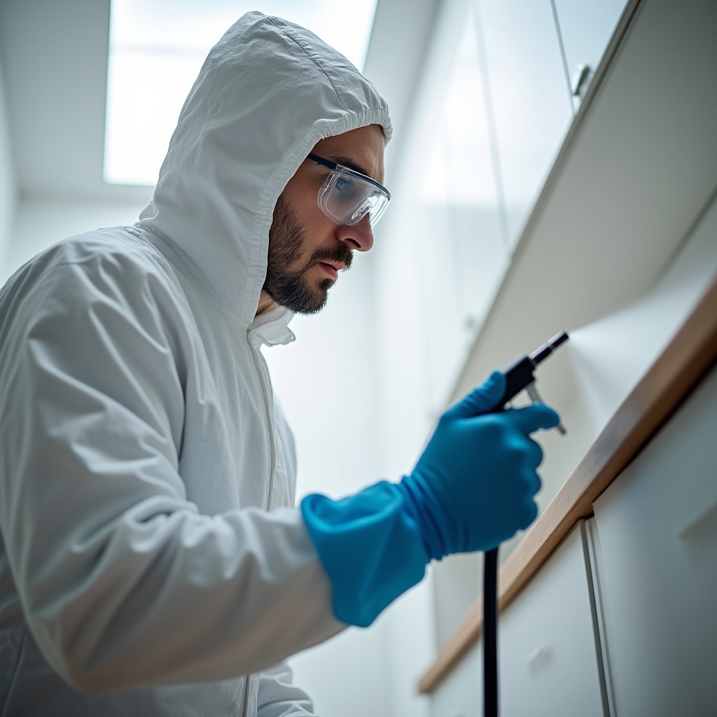 Tehnician în echipament de protecție efectuând tratament de dezinsecție